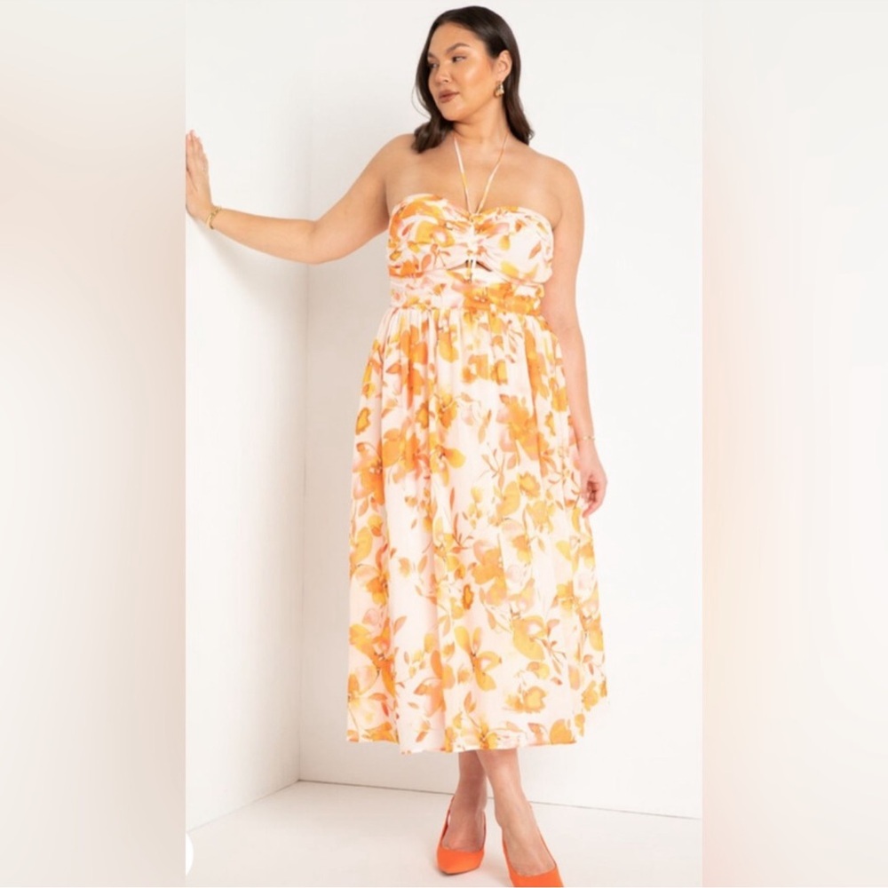 Eloquii Floral Strapless Dress in Orange and White